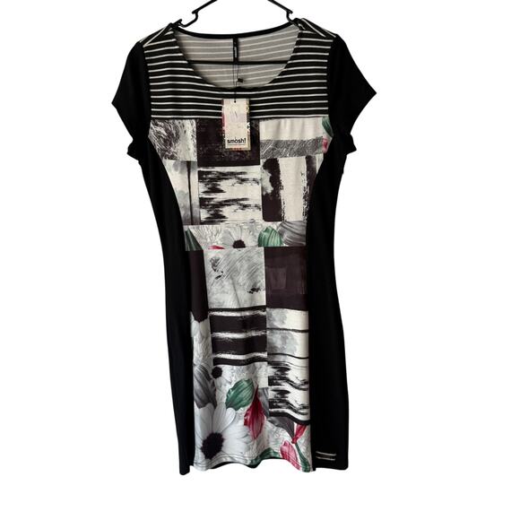 Smash!‎ Graphic Patchwork Print Dress NWT Size L Floral Stripe Colorblock Artsy - Picture 1 of 11